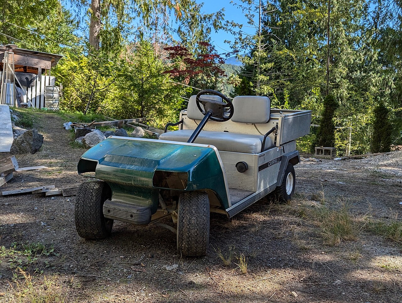 Golf cart parked on a gravel driveway at a rural property