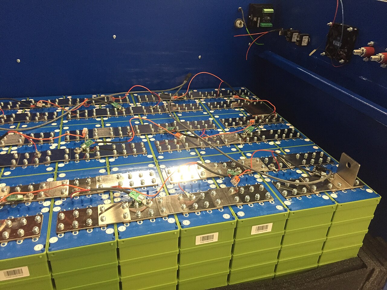 Lithium iron phosphate battery cells wired for a battery pack